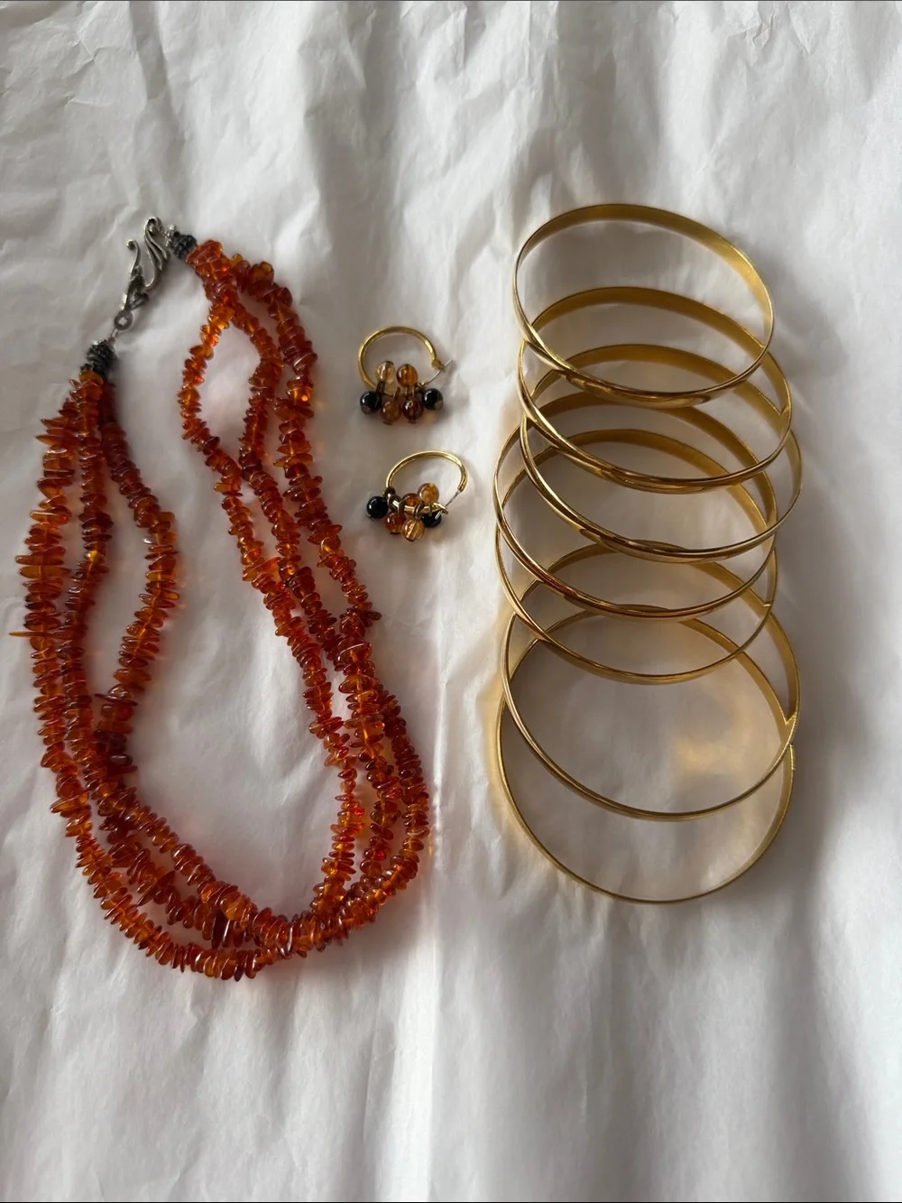 Gold Tone Bangle Set with Amber Bead Necklace and Matching Earrings.
